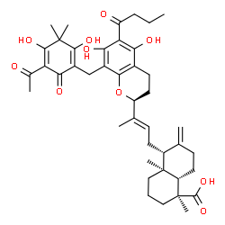 ChemSpider 2D Image | (1S,4aS,5R,8aS)-5-[(2E)-3-{(2S)-8-[(5-Acetyl-2,4-dihydroxy-3,3-dimethyl-6-oxo-1,4-cyclohexadien-1-yl)methyl]-6-butyryl-5,7-dihydroxy-3,4-dihydro-2H-chromen-2-yl}-2-buten-1-yl]-1,4a-dimethyl-6-methylen
edecahydro-1-naphthalenecarboxylic acid | C42H54O10