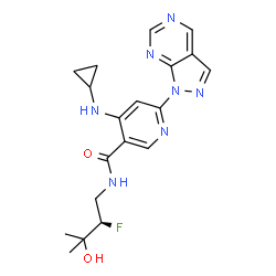 ChemSpider 2D Image | 4-(Cyclopropylamino)-N-[(2R)-2-fluoro-3-hydroxy-3-methylbutyl]-6-(1H-pyrazolo[3,4-d]pyrimidin-1-yl)nicotinamide | C19H22FN7O2