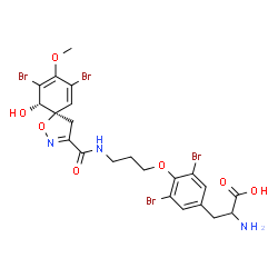 ChemSpider 2D Image | 3,5-Dibromo-O-[3-({[(5R,10S)-7,9-dibromo-10-hydroxy-8-methoxy-1-oxa-2-azaspiro[4.5]deca-2,6,8-trien-3-yl]carbonyl}amino)propyl]tyrosine | C22H23Br4N3O7