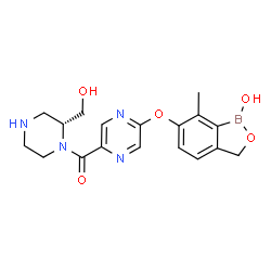 ChemSpider 2D Image | {5-[(1-Hydroxy-7-methyl-1,3-dihydro-2,1-benzoxaborol-6-yl)oxy]-2-pyrazinyl}[(2R)-2-(hydroxymethyl)-1-piperazinyl]methanone | C18H21BN4O5