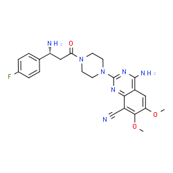 ChemSpider 2D Image | 4-Amino-2-{4-[(3R)-3-amino-3-(4-fluorophenyl)propanoyl]-1-piperazinyl}-6,7-dimethoxy-8-quinazolinecarbonitrile | C24H26FN7O3