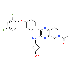 ChemSpider 2D Image | 1-{2-[4-(2,4-Difluorophenoxy)-1-piperidinyl]-3-[(cis-3-hydroxycyclobutyl)amino]-7,8-dihydropyrido[3,4-b]pyrazin-6(5H)-yl}ethanone | C24H29F2N5O3
