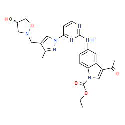 ChemSpider 2D Image | Ethyl 3-acetyl-5-{[4-(4-{[(4S)-4-hydroxy-1,2-oxazolidin-2-yl]methyl}-3-methyl-1H-pyrazol-1-yl)-2-pyrimidinyl]amino}-1H-indole-1-carboxylate | C25H27N7O5
