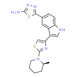 ChemSpider 2D Image | 5-(3-{2-[(2S)-2-Methyl-1-piperidinyl]-1,3-thiazol-4-yl}-1H-indol-5-yl)-1,3,4-thiadiazol-2-amine | C19H20N6S2