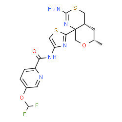 ChemSpider 2D Image | N-{2-[(4aR,6S)-2-Amino-6-methyl-4,4a,5,6-tetrahydropyrano[3,4-d][1,3]thiazin-8a(8H)-yl]-1,3-thiazol-4-yl}-5-(difluoromethoxy)-2-pyridinecarboxamide | C18H19F2N5O3S2