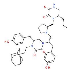 ChemSpider 2D Image | (5R)-4-[2-(Adamantan-1-yl)ethyl]-1-[(2S)-1-[(2S)-2-{[(6S)-2,3-dioxo-6-propyl-1-piperazinyl]methyl}-1-pyrrolidinyl]-3-(4-hydroxyphenyl)-2-propanyl]-5-(4-hydroxybenzyl)-2,3-piperazinedione | C44H59N5O6