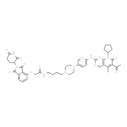 ChemSpider 2D Image | N-[4-(4-{6-[(6-Acetyl-8-cyclopentyl-5-methyl-7-oxo-7,8-dihydropyrido[2,3-d]pyrimidin-2-yl)amino]-3-pyridinyl}-1-piperazinyl)butyl]-2-{[2-(2,6-dioxo-3-piperidinyl)-1,3-dioxo-2,3-dihydro-1H-isoindol-4-y
l]oxy}acetamide | C43H48N10O8