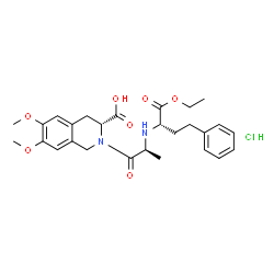 ChemSpider 2D Image | (3R)-2-{N-[(2S)-1-Ethoxy-1-oxo-4-phenyl-2-butanyl]-L-alanyl}-6,7-dimethoxy-1,2,3,4-tetrahydro-3-isoquinolinecarboxylic acid hydrochloride (1:1) | C27H35ClN2O7