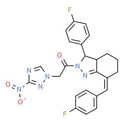 ChemSpider 2D Image | 1-[(7Z)-7-(4-Fluorobenzylidene)-3-(4-fluorophenyl)-3,3a,4,5,6,7-hexahydro-2H-indazol-2-yl]-2-(3-nitro-1H-1,2,4-triazol-1-yl)ethanone | C24H20F2N6O3