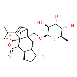 ChemSpider 2D Image | (1R,2S,4R,5R,8R,11R)-2-{[(6-Deoxy-beta-D-altropyranosyl)oxy]methyl}-9-formyl-13-isopropyl-5-methyltetracyclo[7.4.0.0~2,11~.0~4,8~]tridec-12-ene-1-carboxylatato | C26H37O8
