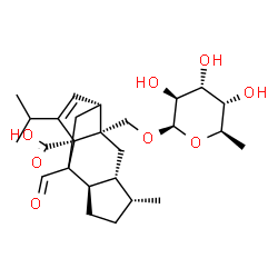 ChemSpider 2D Image | (1R,2S,4R,5R,8R,11R)-2-{[(6-Deoxy-beta-D-altropyranosyl)oxy]methyl}-9-formyl-13-isopropyl-5-methyltetracyclo[7.4.0.0~2,11~.0~4,8~]tridec-12-ene-1-carboxylato | C26H38O8
