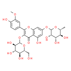 ChemSpider 2D Image | 7-[(6-Deoxy-D-mannopyranosyl)oxy]-5-hydroxy-2-(4-hydroxy-3-methoxyphenyl)-4-oxo-4H-chromen-3-yl D-glucopyranoside | C28H32O16