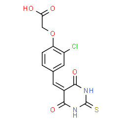 ChemSpider 2D Image | {2-Chloro-4-[(4,6-dioxo-2-thioxotetrahydro-5(2H)-pyrimidinylidene)methyl]phenoxy}acetic acid | C13H9ClN2O5S