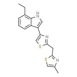 ChemSpider 2D Image | 7-Ethyl-3-{2-[(4-methyl-1,3-thiazol-2-yl)methyl]-1,3-thiazol-4-yl}-1H-indole | C18H17N3S2