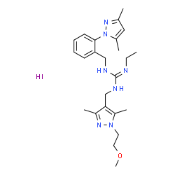 ChemSpider 2D Image | 1-[2-(3,5-Dimethyl-1H-pyrazol-1-yl)benzyl]-2-ethyl-3-{[1-(2-methoxyethyl)-3,5-dimethyl-1H-pyrazol-4-yl]methyl}guanidine hydroiodide (1:1) | C24H36IN7O