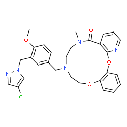 ChemSpider 2D Image | 9-{3-[(4-Chloro-1H-pyrazol-1-yl)methyl]-4-methoxybenzyl}-6-methyl-6,7,8,9,10,11-hexahydro-5H-pyrido[3,2-i][1,11,4,7]benzodioxadiazacyclotridecin-5-one | C29H30ClN5O4