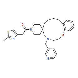ChemSpider 2D Image | 2-(2-Methyl-1,3-thiazol-4-yl)-1-[4-(3-pyridinylmethyl)-2,3,4,5,7,8,9,10-octahydro-1'H-spiro[1,4-benzoxazacyclododecine-6,4'-piperidin]-1'-yl]ethanone | C30H38N4O2S