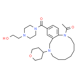 ChemSpider 2D Image | 1-[12-{[4-(2-Hydroxyethyl)-1-piperazinyl]carbonyl}-9-(tetrahydro-2H-pyran-4-yl)-3,4,5,6,7,8,9,10-octahydro-1,9-benzodiazacyclododecin-1(2H)-yl]ethanone | C28H44N4O4