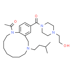 ChemSpider 2D Image | 1-[12-{[4-(2-Hydroxyethyl)-1-piperazinyl]carbonyl}-9-(3-methylbutyl)-3,4,5,6,7,8,9,10-octahydro-1,9-benzodiazacyclododecin-1(2H)-yl]ethanone | C28H46N4O3