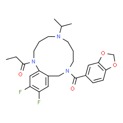 ChemSpider 2D Image | 1-[9-(1,3-Benzodioxol-5-ylcarbonyl)-12,13-difluoro-5-isopropyl-3,4,5,6,7,8,9,10-octahydro-1,5,9-benzotriazacyclododecin-1(2H)-yl]-1-propanone | C27H33F2N3O4