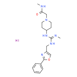 ChemSpider 2D Image | N-Methyl-2-(4-{N''-methyl-N'-[(2-phenyl-1,3-oxazol-4-yl)methyl]carbamimidamido}-1-piperidinyl)acetamide hydroiodide (1:1) | C20H29IN6O2