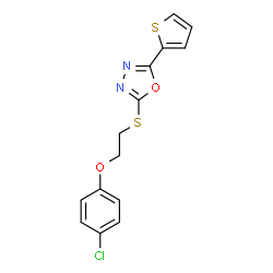 ChemSpider 2D Image | 2-{[2-(4-Chlorophenoxy)ethyl]sulfanyl}-5-(2-thienyl)-1,3,4-oxadiazole | C14H11ClN2O2S2