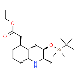 ChemSpider 2D Image | Ethyl [(2S,3R,4aS,5S,8aR)-3-{[dimethyl(2-methyl-2-propanyl)silyl]oxy}-2-methyldecahydro-5-quinolinyl]acetate | C20H39NO3Si