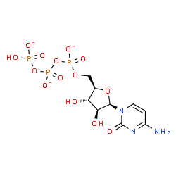 ChemSpider 2D Image | 4-Amino-1-{5-O-[({[(hydroxyphosphinato)oxy]phosphinato}oxy)phosphinato]-beta-D-arabinofuranosyl}-2(1H)-pyrimidinone | C9H13N3O14P3