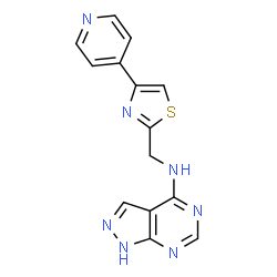 ChemSpider 2D Image | N-{[4-(4-Pyridinyl)-1,3-thiazol-2-yl]methyl}-1H-pyrazolo[3,4-d]pyrimidin-4-amine | C14H11N7S