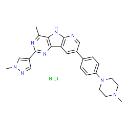 ChemSpider 2D Image | 4-Methyl-8-[4-(4-methyl-1-piperazinyl)phenyl]-2-(1-methyl-1H-pyrazol-4-yl)-5H-pyrido[3',2':4,5]pyrrolo[3,2-d]pyrimidine hydrochloride (1:1) | C25H27ClN8