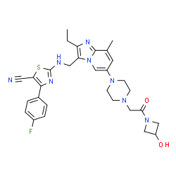 ChemSpider 2D Image | 2-{[(2-Ethyl-6-{4-[2-(3-hydroxy-1-azetidinyl)-2-oxoethyl]-1-piperazinyl}-8-methylimidazo[1,2-a]pyridin-3-yl)methyl]amino}-4-(4-fluorophenyl)-1,3-thiazole-5-carbonitrile | C30H33FN8O2S