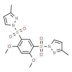 ChemSpider 2D Image | 1,1'-[(4,6-Dimethoxy-1,3-phenylene)disulfonyl]bis(3-methyl-1H-pyrazole) | C16H18N4O6S2