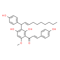 ChemSpider 2D Image | (2E)-1-{2,4-Dihydroxy-3-[(2E)-1-(4-hydroxyphenyl)-2-decen-1-yl]-6-methoxyphenyl}-3-(4-hydroxyphenyl)-2-propen-1-one | C32H36O6