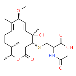 ChemSpider 2D Image | N-Acetyl-S-[(4R,5R,6E,8S,9E,13S,14R)-5-hydroxy-8-methoxy-5,9,13,14-tetramethyl-2-oxooxacyclotetradeca-6,9-dien-4-yl]cysteine | C23H37NO7S
