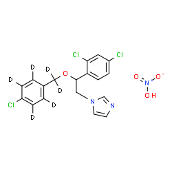 ChemSpider 2D Image | 1-[2-({[4-Chloro(~2~H_4_)phenyl](~2~H_2_)methyl}oxy)-2-(2,4-dichlorophenyl)ethyl]-1H-imidazole nitrate (1:1) | C18H10D6Cl3N3O4