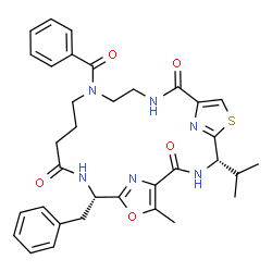 ChemSpider 2D Image | (4S,19S)-13-Benzoyl-19-benzyl-4-isopropyl-22-methyl-21-oxa-6-thia-3,10,13,18,23,24-hexaazatricyclo[18.2.1.1~5,8~]tetracosa-1(22),5(24),7,20(23)-tetraene-2,9,17-trione | C34H38N6O5S