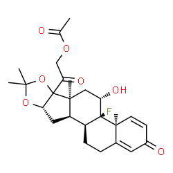 ChemSpider 2D Image | 2-[(4aS,4bS,5S,6aS,9aS,10aR,10bS)-4b-Fluoro-5-hydroxy-4a,6a,8,8-tetramethyl-2-oxo-2,4a,4b,5,6,6a,9a,10,10a,10b,11,12-dodecahydro-6bH-naphtho[2',1':4,5]indeno[1,2-d][1,3]dioxol-6b-yl]-2-oxoethyl acetat
e | C26H33FO7