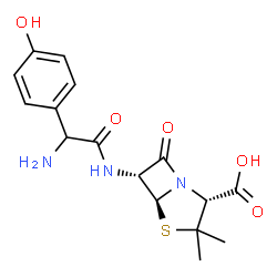 ChemSpider 2D Image | (2R,5S,6R)-6-{[Amino(4-hydroxyphenyl)acetyl]amino}-3,3-dimethyl-7-oxo-4-thia-1-azabicyclo[3.2.0]heptane-2-carboxylic acid | C16H19N3O5S