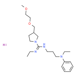 ChemSpider 2D Image | N'-Ethyl-N-{3-[ethyl(phenyl)amino]propyl}-3-[(2-methoxyethoxy)methyl]-1-pyrrolidinecarboximidamide hydroiodide (1:1) | C22H39IN4O2