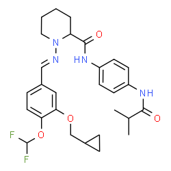 ChemSpider 2D Image | 1-{(E)-[3-(Cyclopropylmethoxy)-4-(difluoromethoxy)benzylidene]amino}-N-[4-(isobutyrylamino)phenyl]-2-piperidinecarboxamide | C28H34F2N4O4