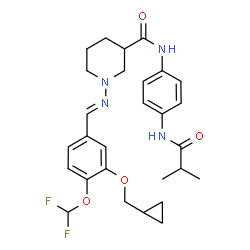 ChemSpider 2D Image | 1-{(E)-[3-(Cyclopropylmethoxy)-4-(difluoromethoxy)benzylidene]amino}-N-[4-(isobutyrylamino)phenyl]-3-piperidinecarboxamide | C28H34F2N4O4