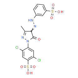ChemSpider 2D Image | 2,5-Dichloro-4-{3-methyl-5-oxo-4-[(3-sulfophenyl)hydrazono]-4,5-dihydro-1H-pyrazol-1-yl}benzenesulfonic acid | C16H12Cl2N4O7S2