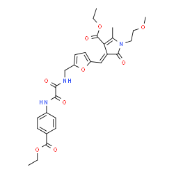 ChemSpider 2D Image | Ethyl (4E)-4-{[5-({[{[4-(ethoxycarbonyl)phenyl]amino}(oxo)acetyl]amino}methyl)-2-furyl]methylene}-1-(2-methoxyethyl)-2-methyl-5-oxo-4,5-dihydro-1H-pyrrole-3-carboxylate | C28H31N3O9