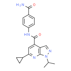 ChemSpider 2D Image | N-(4-Carbamoylphenyl)-6-cyclopropyl-1-isopropyl-1H-pyrazolo[3,4-b]pyridine-4-carboxamide | C20H21N5O2