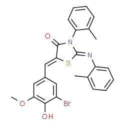ChemSpider 2D Image | (2Z,5Z)-5-(3-Bromo-4-hydroxy-5-methoxybenzylidene)-3-(2-methylphenyl)-2-[(2-methylphenyl)imino]-1,3-thiazolidin-4-one | C25H21BrN2O3S