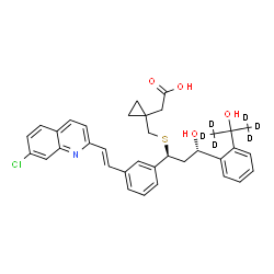 ChemSpider 2D Image | [1-({[(1S,3S)-1-{3-[(E)-2-(7-Chloro-2-quinolinyl)vinyl]phenyl}-3-hydroxy-3-{2-[2-hydroxy(~2~H_6_)-2-propanyl]phenyl}propyl]sulfanyl}methyl)cyclopropyl]acetic acid | C35H30D6ClNO4S