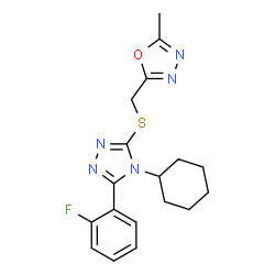 ChemSpider 2D Image | 2-({[4-Cyclohexyl-5-(2-fluorophenyl)-4H-1,2,4-triazol-3-yl]sulfanyl}methyl)-5-methyl-1,3,4-oxadiazole | C18H20FN5OS