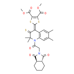 ChemSpider 2D Image | Dimethyl 2-[1-{[(3aR,7aR)-1,3-dioxooctahydro-2H-isoindol-2-yl]acetyl}-2,2,6,7-tetramethyl-3-thioxo-2,3-dihydro-4(1H)-quinolinylidene]-1,3-dithiole-4,5-dicarboxylate | C30H32N2O7S3