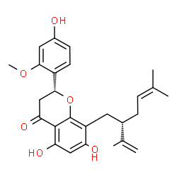 ChemSpider 2D Image | (2R)-5,7-Dihydroxy-2-(4-hydroxy-2-methoxyphenyl)-8-[(2S)-2-isopropenyl-5-methyl-4-hexen-1-yl]-2,3-dihydro-4H-chromen-4-one | C26H30O6