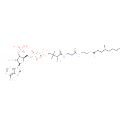 ChemSpider 2D Image | S-{(9R)-1-[(2R,3S,4R,5R)-5-(6-Amino-9H-purin-9-yl)-4-hydroxy-3-(phosphonooxy)tetrahydro-2-furanyl]-3,5,9-trihydroxy-8,8-dimethyl-3,5-dioxido-10,14-dioxo-2,4,6-trioxa-11,15-diaza-3lambda~5~,5lambda~5~-
diphosphaheptadecan-17-yl} 4-methyloctanethioate | C30H52N7O17P3S